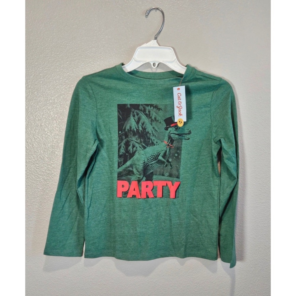 Cat & Jack Boys Pine Green Party Dinosaur Graphic Long Sleeve Tee Shirt M 8